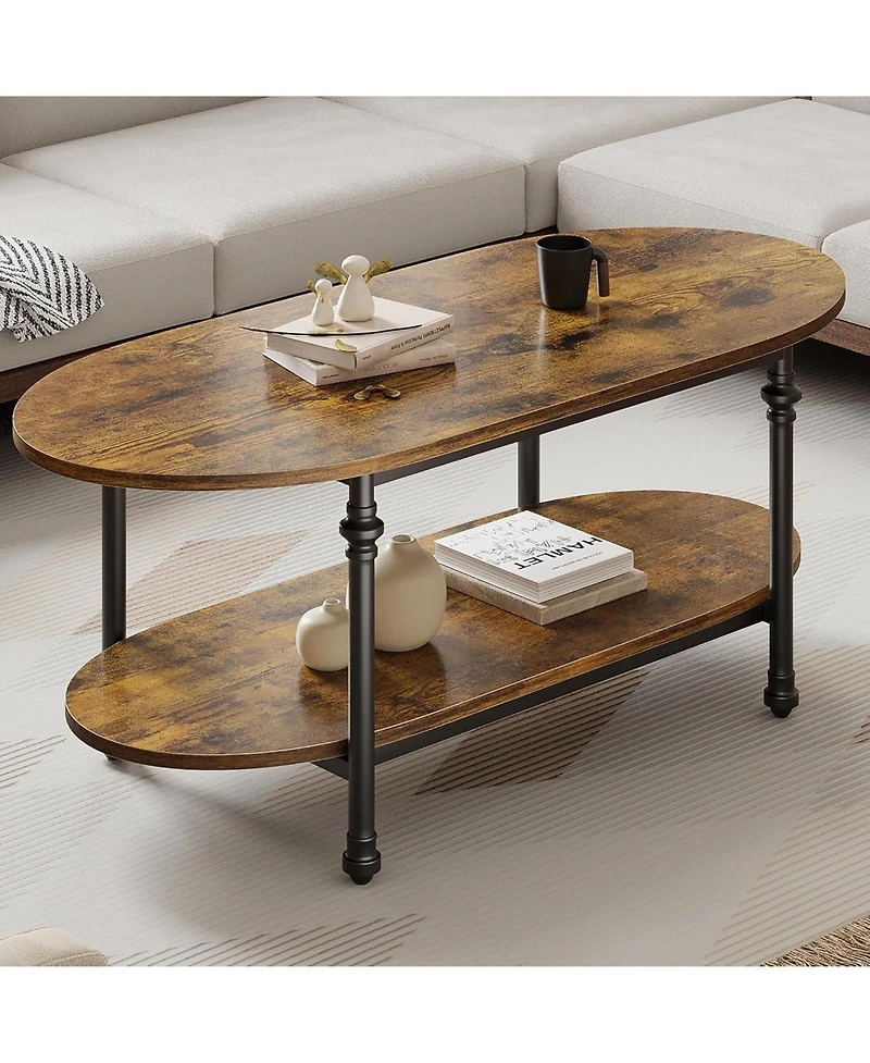 gaomon 47.2" Wooden 2-Tier Cocktail Table, Roman Column Metal Legs Elegant Oval Coffee Table