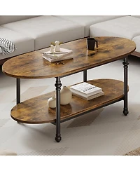 gaomon 47.2" Wooden 2-Tier Cocktail Table, Roman Column Metal Legs Elegant Oval Coffee Table
