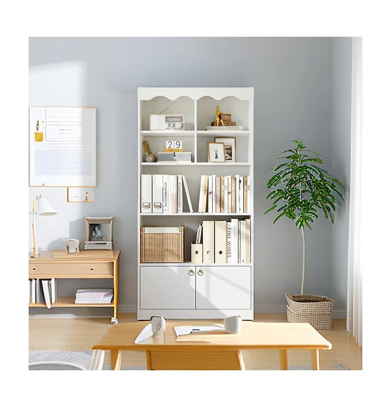 gaomon 5-Tier Modern Bookshelf Display Cabinet, 63" Floor Standing Storage Organizer, Walnut Finish, White