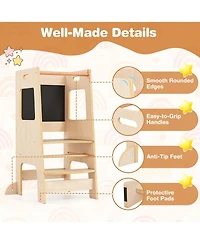 Costway Girls Kitchen Step Stool with Activity Chalkboard Adjustable Height & Safety Rail