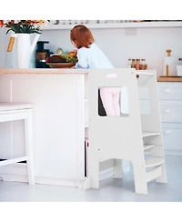 Costway Girls Kitchen Step Stool with Activity Chalkboard Adjustable Height & Safety Rail