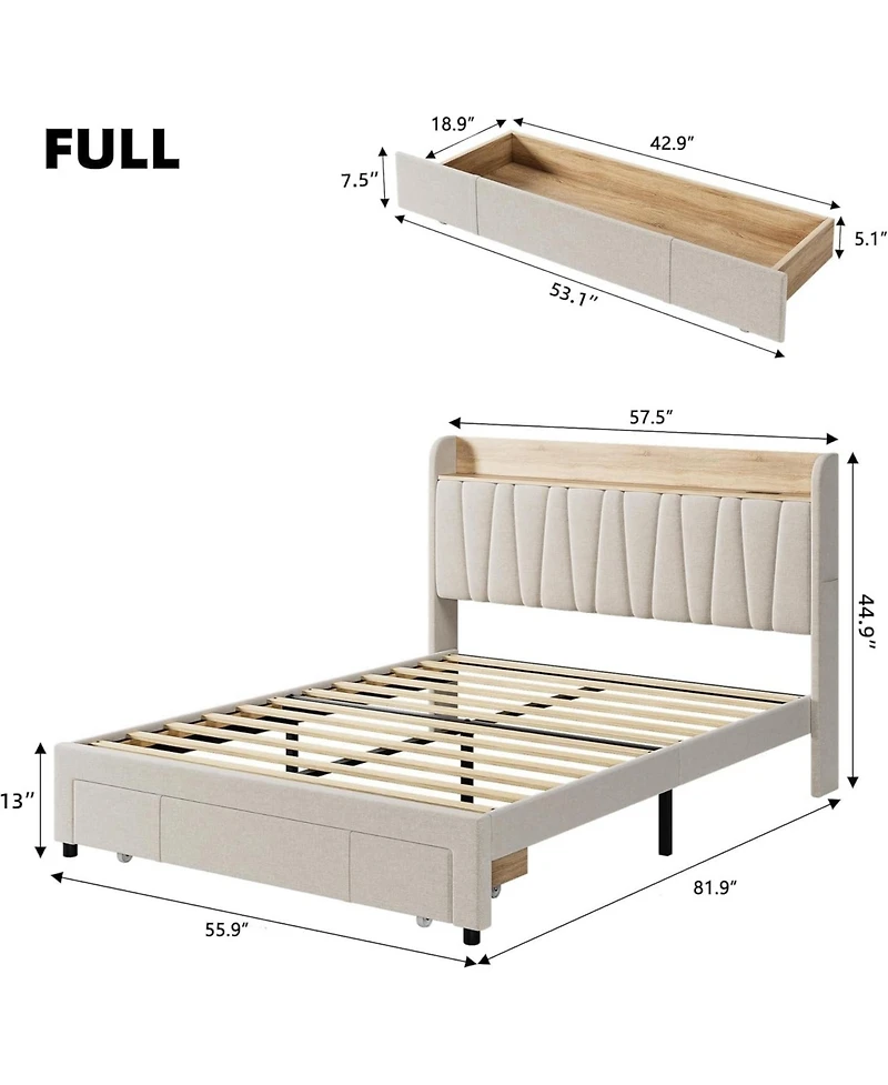 gaomon Upholstered Bed Frame with Storage Headboard, Drawer, Charging Station, Linen Platform