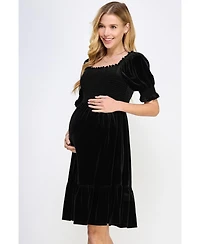 Hello Miz Maternity Velvet Empire Waist Puff Sleeve Smocked Neck Dress