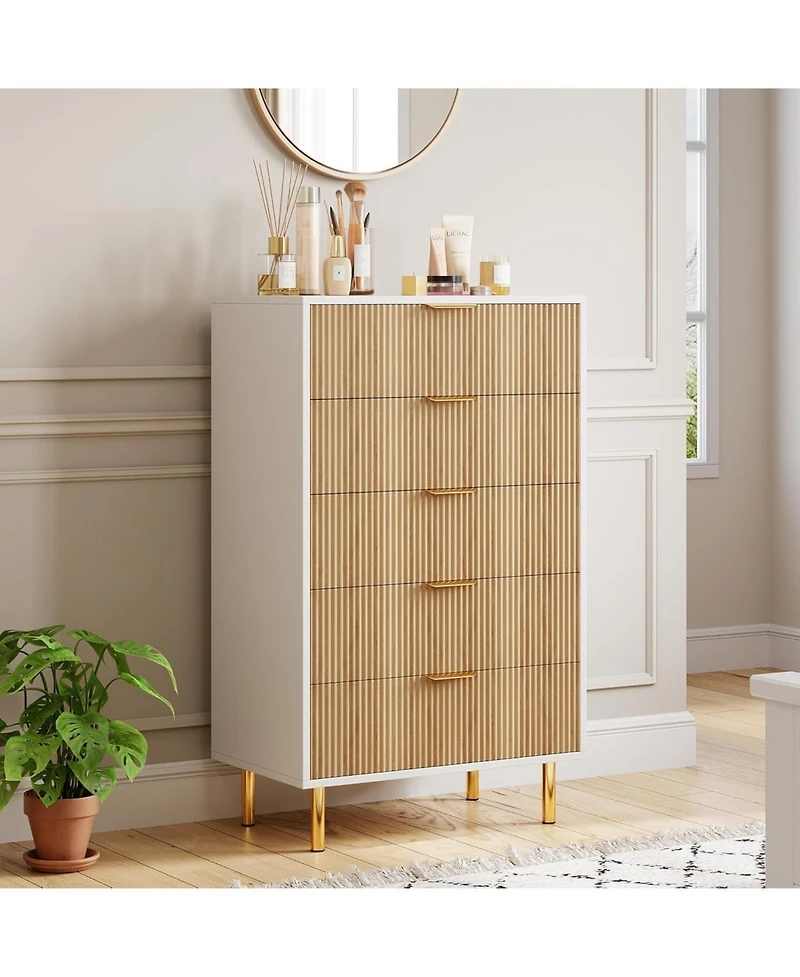gaomon 5-Drawer Modern Natural Dresser, Wood Chest Organizer with Gold Handle, Tall Cabinet for Bedroom, Living Room, Entryway