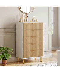 gaomon 5-Drawer Modern Natural Dresser, Wood Chest Organizer with Gold Handle, Tall Cabinet for Bedroom, Living Room, Entryway