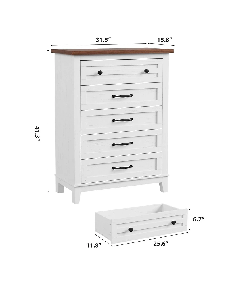 gaomon 5-Drawer White Freestanding Wooden Chest, 41.3" Tall, Brown Top, Vertical Dresser for Living Room, Bedroom