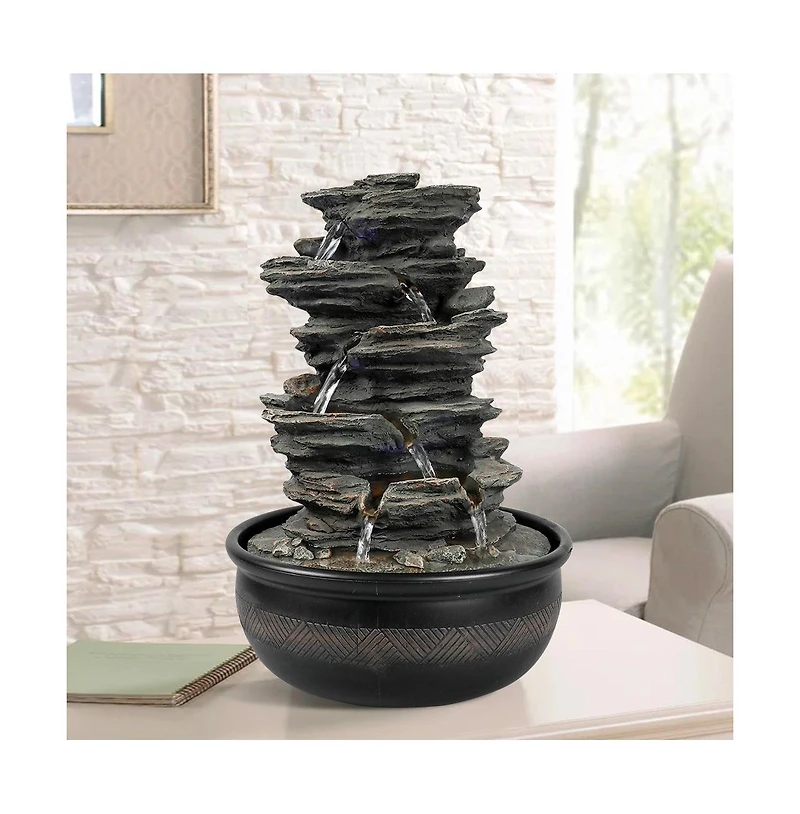 SunJet 15.7” Rock Falls Tabletop Fountain, 5-Tier Indoor Waterfall with Led Lights for Home, Office, Zen Relaxation Decor