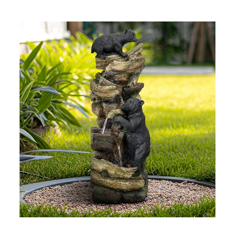 SunJet 39.3" 5-Tier Outdoor Garden Water Fountain with Bears Climbing Tree, Resin Fountain with Led Lights for Garden, Patio & Deck
