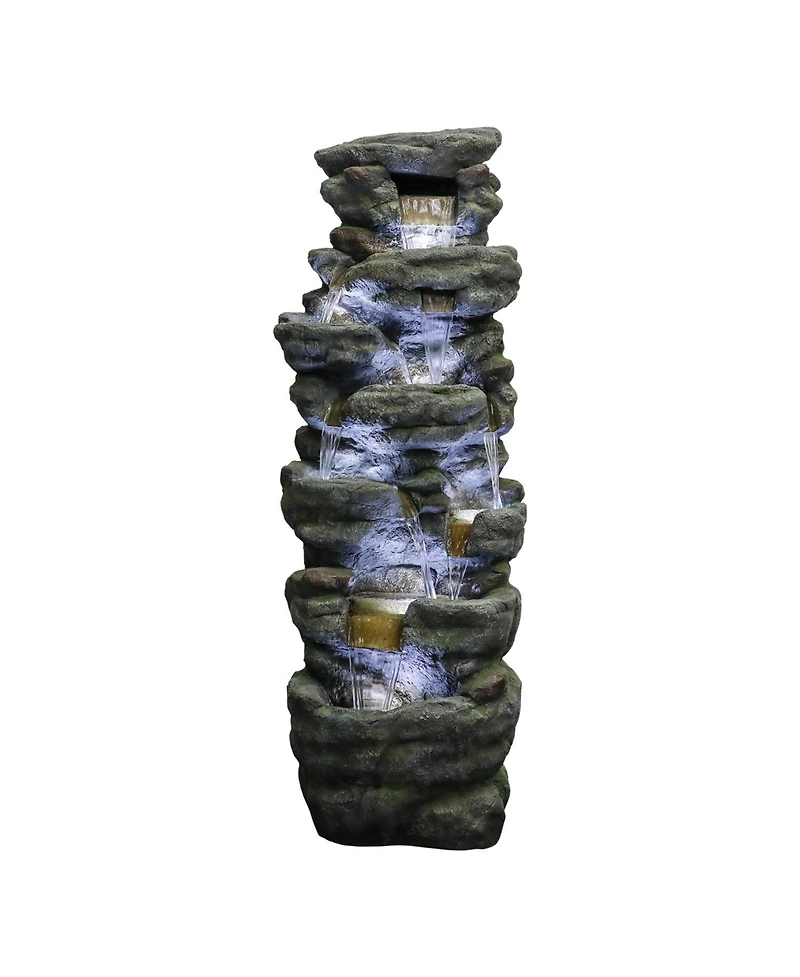 SunJet 51" High Multi-Tier Outdoor Rock Water Fountain with Led Lights, Large Resin Waterfall Fountain for Garden, Patio, Yard & Deck