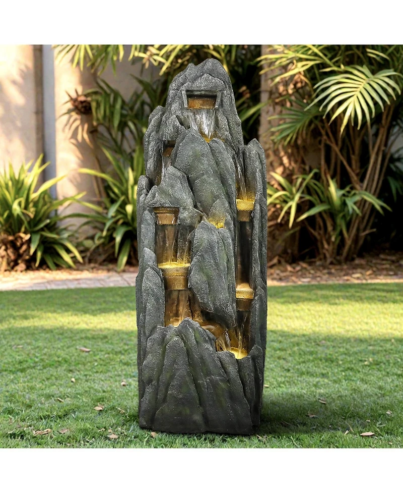SunJet 51" Tall Outdoor Rockery Water Fountain with Led Lights, Resin Cascading Waterfall Fountain for Garden, Patio & Yard Decor