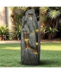 SunJet 51" Tall Outdoor Rockery Water Fountain with Led Lights, Resin Cascading Waterfall Fountain for Garden, Patio & Yard Decor