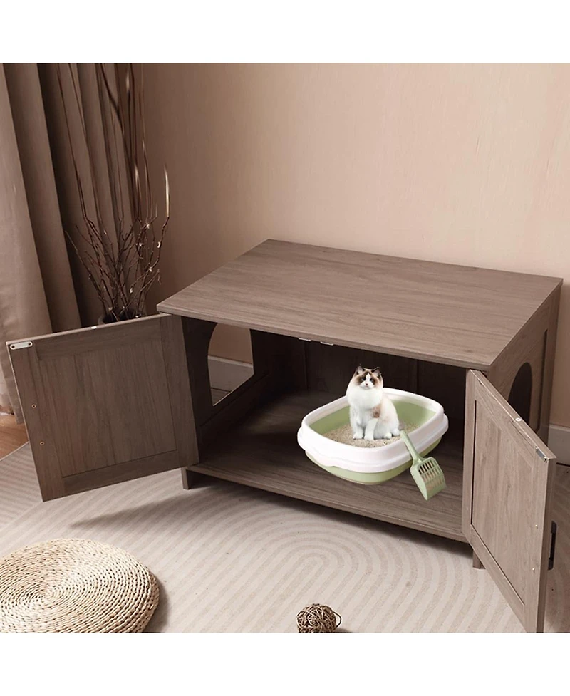 Zeus & Ruta Greige Barn Door Cat Litter Box Enclosure End Table
