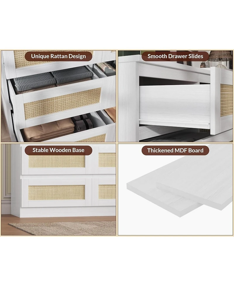 Rattan Dresser for Bedroom, 9 Drawer Dresser with Charging Station