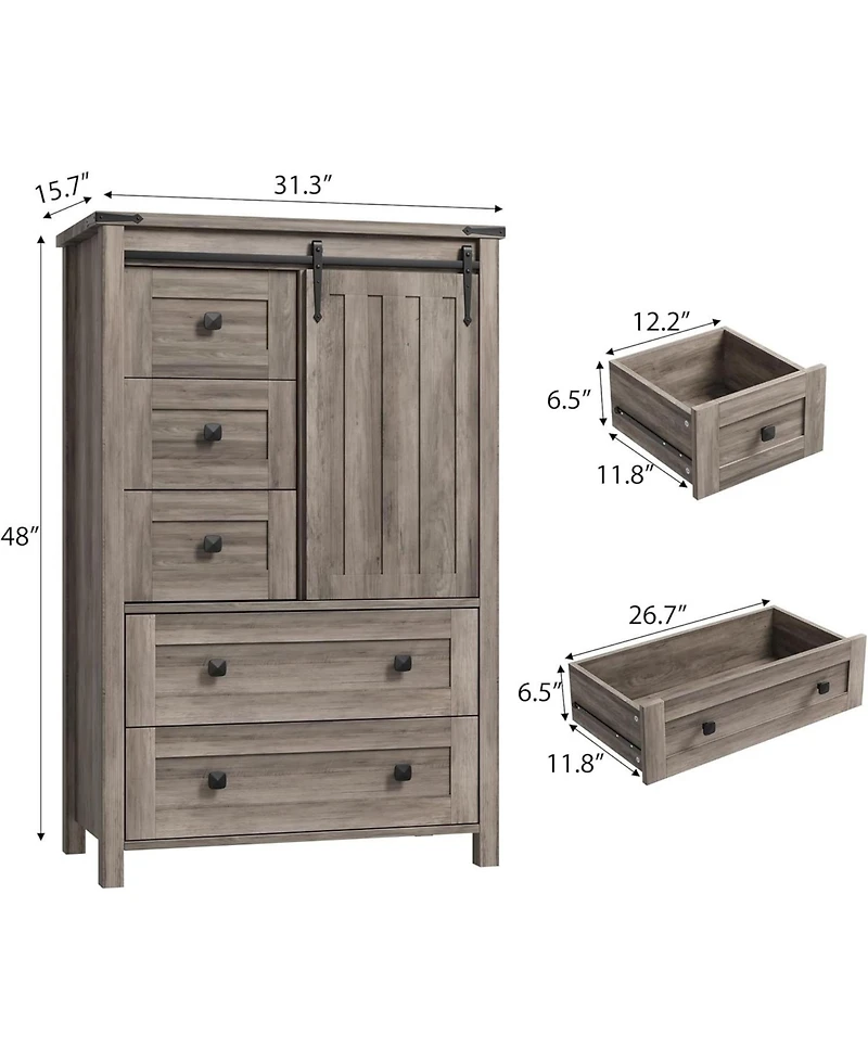 gaomon 5-Drawer Farmhouse Dresser, 48" Tall, Sliding Barn Door, Adjustable Shelf, Bedroom, Hallway, Living Room, Kitchen