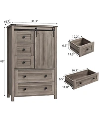 gaomon 5-Drawer Farmhouse Dresser, 48" Tall, Sliding Barn Door, Adjustable Shelf, Bedroom, Hallway, Living Room, Kitchen