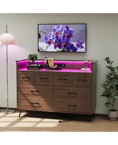 gaomon 8-Drawer Modern Wooden Dresser with Led Light and Charging Station, Open Shelf Bedroom Storage Cabinet