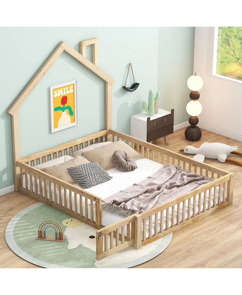 Boyel Living Wood Full House Platform Bed with Guardrail