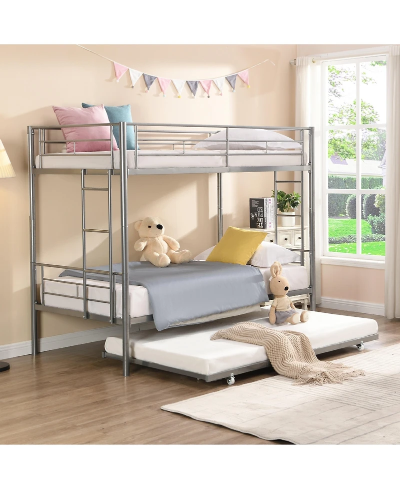 Boyel Living Metal Bunk Bed with Trundle Silver, No Box Spring Needed, Easy Assemble