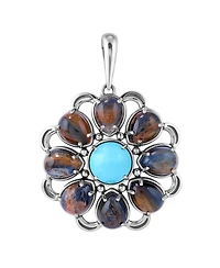 American West Jewelry Sterling Silver Blue Pietersite and Kingman Turquoise Flower Pendant Enhancer