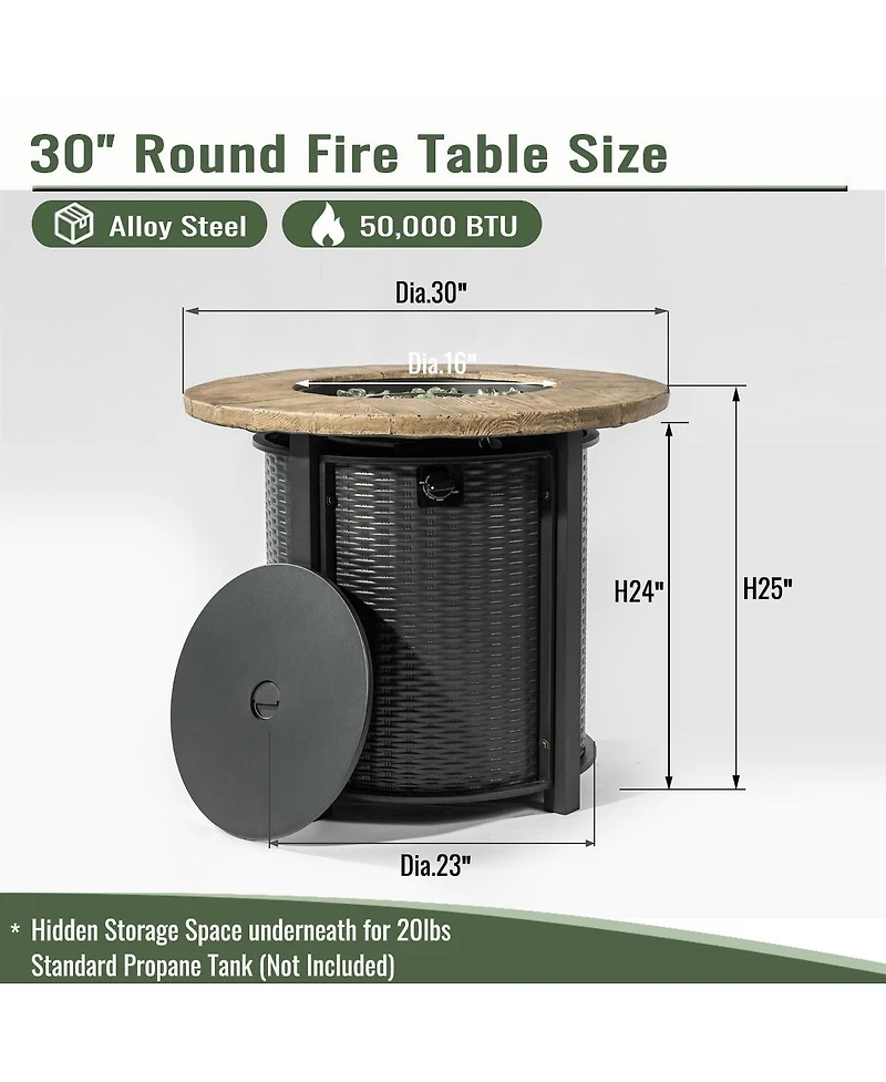 Boyel Living 30" Propane Gas Fire Pit Table, 50000 Btu Round Steel Fire Pit with Imitation Wood Grain Finish for Outside Patio Deck Garden