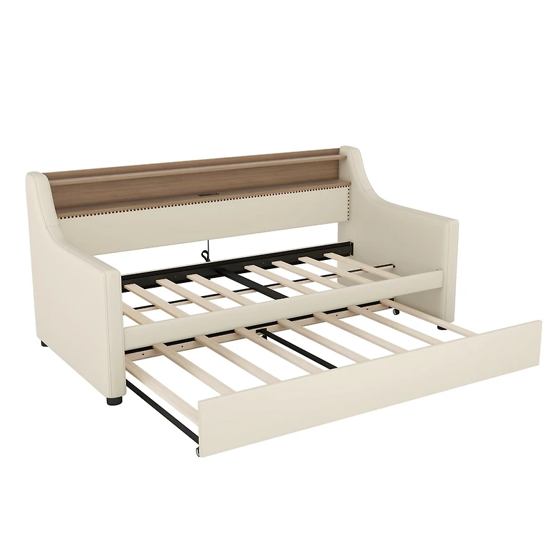 Simplie Fun Twin Size Daybed with Trundle, Upholstered Daybed with Charging Station and Led Lights, Beige