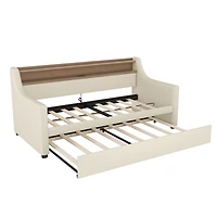 Simplie Fun Twin Size Daybed with Trundle, Upholstered Daybed with Charging Station and Led Lights, Beige