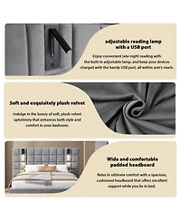 Streamdale Furniture Streamdale King Size Velvet Upholstered Bed Frame with Wall Sconce & Usb, Gray