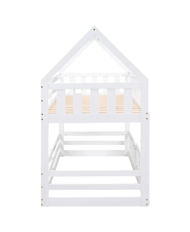 Streamdale Twin over Twin House Bunk Bed with Fence and Door, White