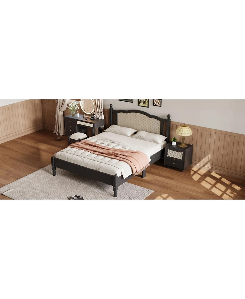 Streamdale Furniture Queen Wooden Bed, Natural Rattan, Vintage