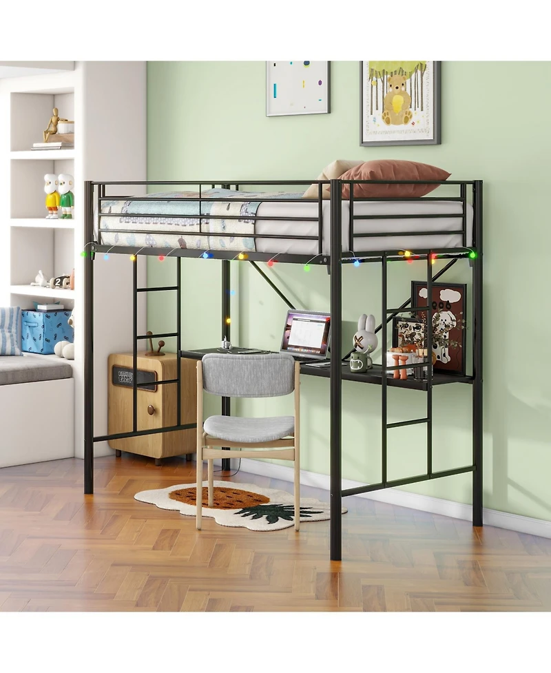 Streamdale Furniture Twin Loft Bed with Desk, Power Outlet, Led Lights