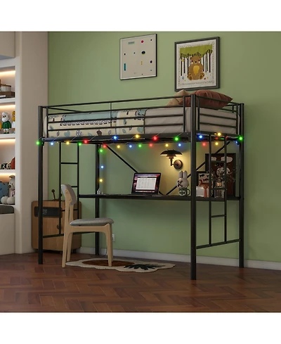 Streamdale Furniture Twin Loft Bed with Desk, Power Outlet, Led Lights