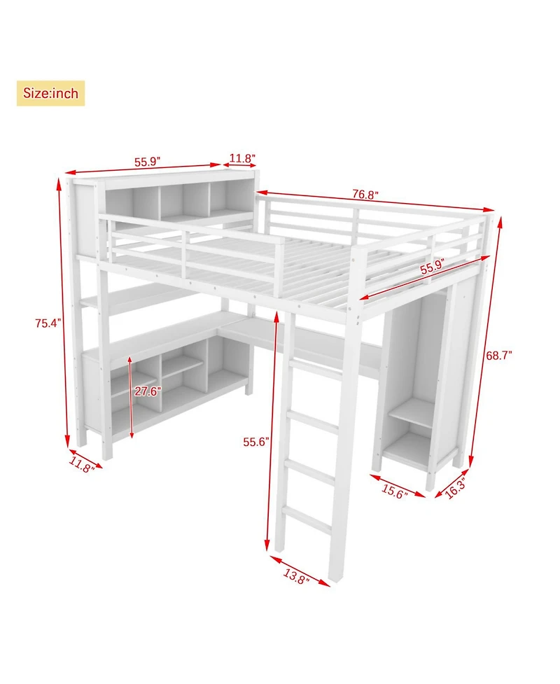 Streamdale Furniture White Metal Loft Bed with Wardrobe, Desk & Storage