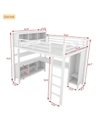 Streamdale Furniture White Metal Loft Bed with Wardrobe, Desk & Storage