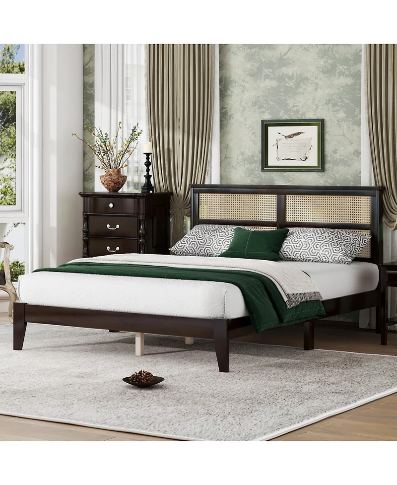 Streamdale Furniture Queen Espresso Wood Bed Rattan Headboard