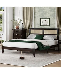 Streamdale Furniture Queen Espresso Wood Bed Rattan Headboard