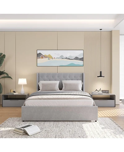 Streamdale Furniture Queen Size Bed Frame with 4 Storage Drawers and Wingback Headboard, Button Tufted Design, Light Grey