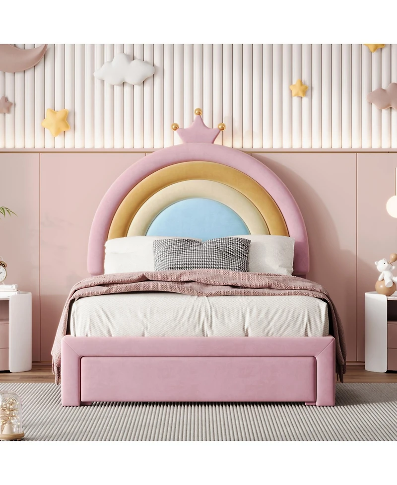 Streamdale Furniture Twin Velvet Princess Platform Bed with Storage, Upholstered Rainbow Design
