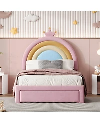 Streamdale Furniture Twin Velvet Princess Platform Bed with Storage, Upholstered Rainbow Design