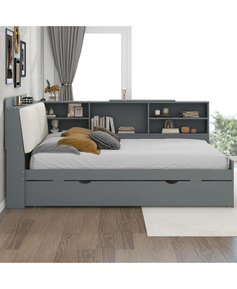 Streamdale Furniture Wood Full Size platform bed with Trundle, Shelves and Storage Headboard