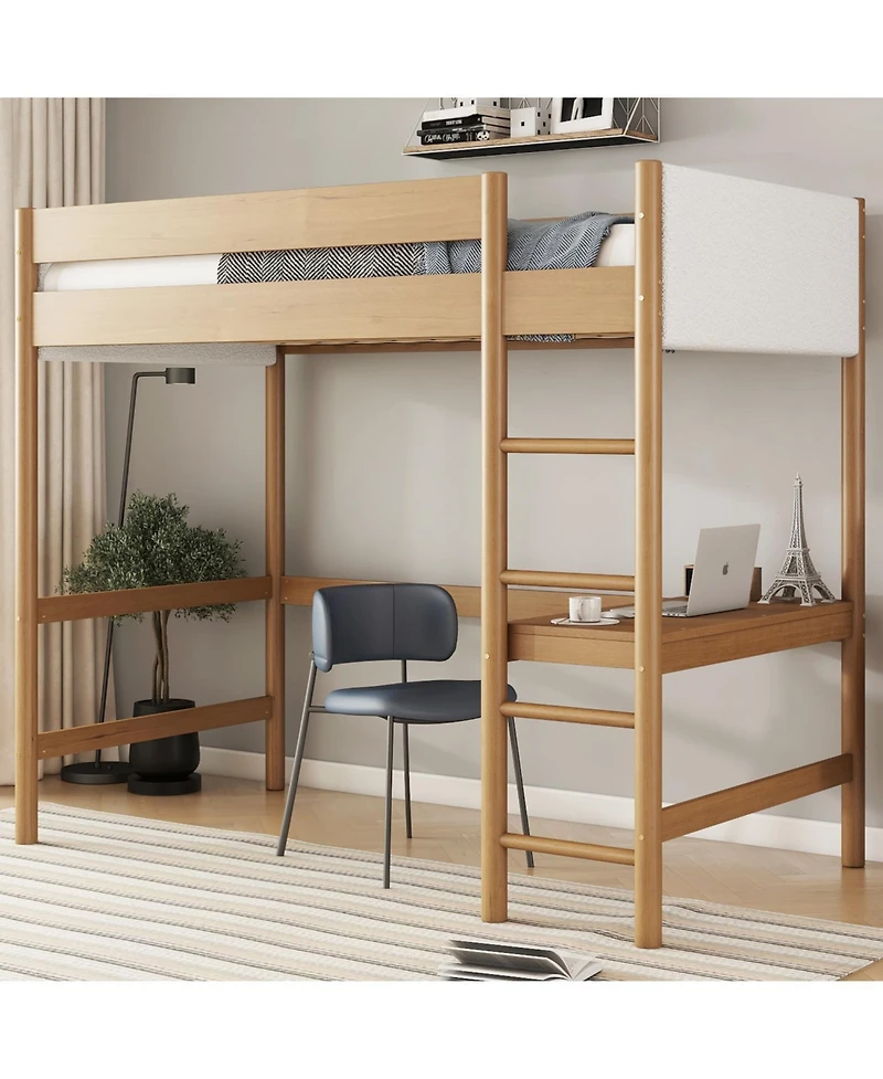 Streamdale Furniture Upholstered Twin Loft Bed with Desk, Safety Rails, Teddy Fleece Headboard