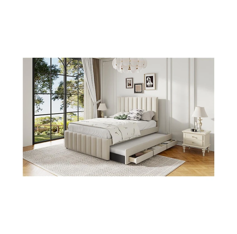 Streamdale Furniture Full Size Upholstered Platform Bed with Twin Size Trundle and 3 Drawers, Linen Fabric, Beige