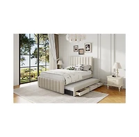 Streamdale Furniture Full Size Upholstered Platform Bed with Twin Size Trundle and 3 Drawers, Linen Fabric, Beige