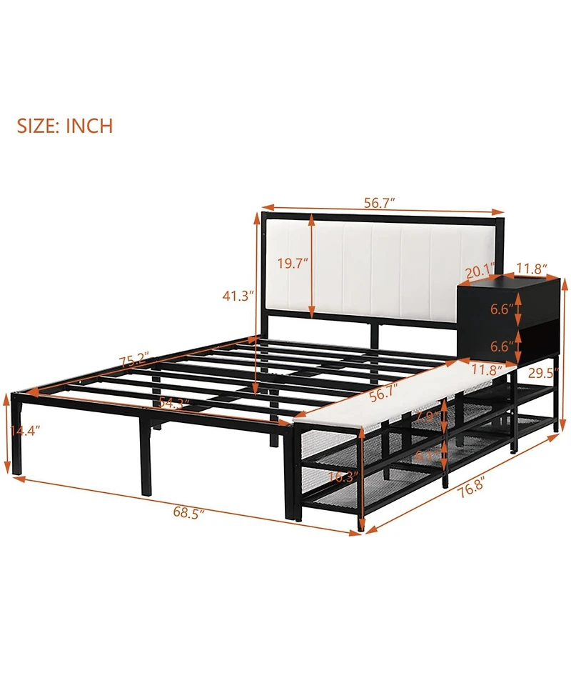 Streamdale Furniture Metal Platform Bed with Two-Tier Storage Shelves, Wooden Cabinet