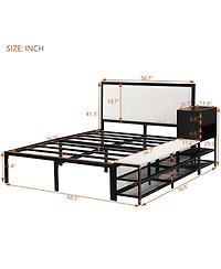 Streamdale Furniture Metal Platform Bed with Two-Tier Storage Shelves, Wooden Cabinet