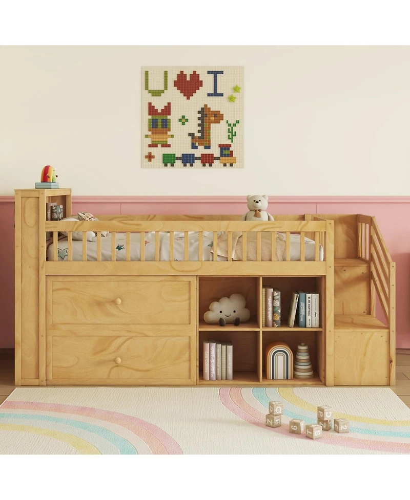 Streamdale Furniture Twin Loft Bed Wood (NaturalStreamdale Furniture Twin Loft Bed Wood (Natural Finish) Led, Bookshelf, Stairs, Drawers, Shelves Bed