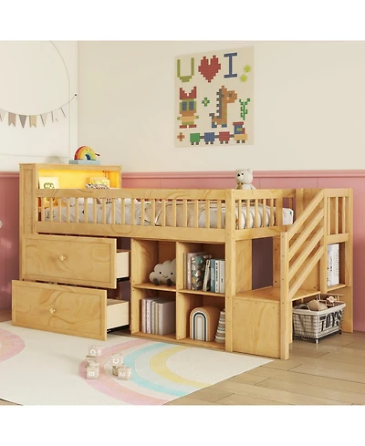 Streamdale Furniture Twin Loft Bed Wood (NaturalStreamdale Furniture Twin Loft Bed Wood (Natural Finish) Led, Bookshelf, Stairs, Drawers, Shelves Bed