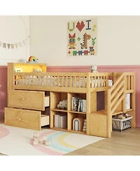 Streamdale Furniture Twin Loft Bed Wood (NaturalStreamdale Furniture Twin Loft Bed Wood (Natural Finish) Led, Bookshelf, Stairs, Drawers, Shelves Bed