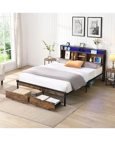 Streamdale Furniture Queen Metal Platform Bed Frame with Headboard, Led Lights, Storage, Usb Charger