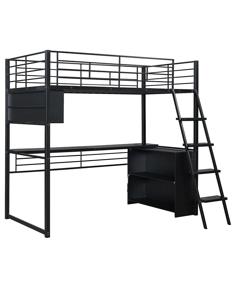 Streamdale Furniture Metal Loft Bed with Led, Desk and 4 Storage Shelves,