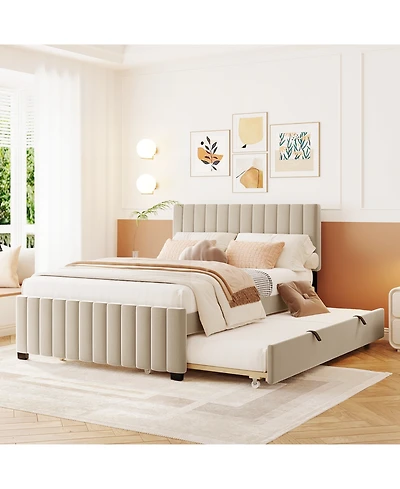 Streamdale Furniture Full Size Velvet Upholstered Platform Bed with Twin Size Trundle
